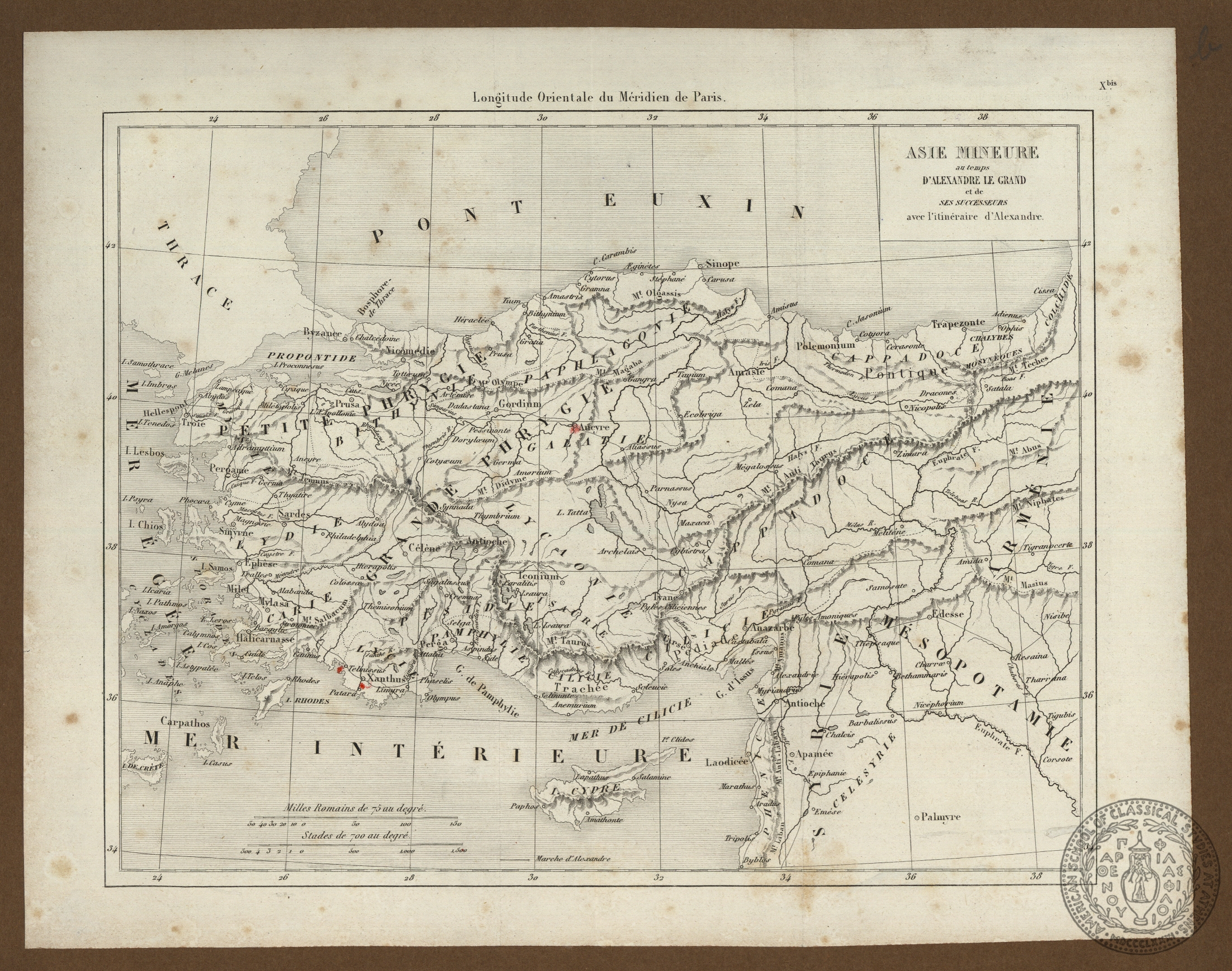 Asie Mineure au temps d' Alexandre le Grand et des ses Successeurs avec l' itinéraire d' Alexandre.